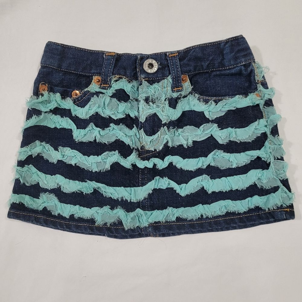 Nolita Size 4 Girls Mini Denim Skirt with Aqua Ruffle And Stitched Graphic